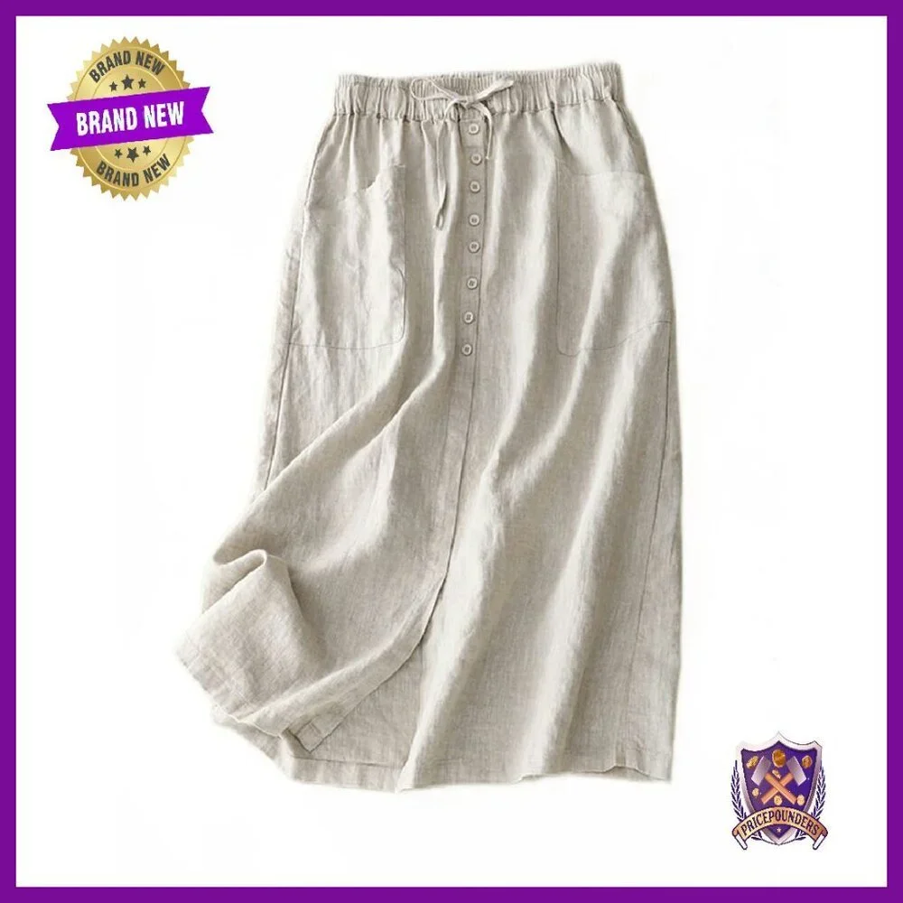 Linen Blend A-Line Midi Skirt High Waist Drawstring Slit Pockets